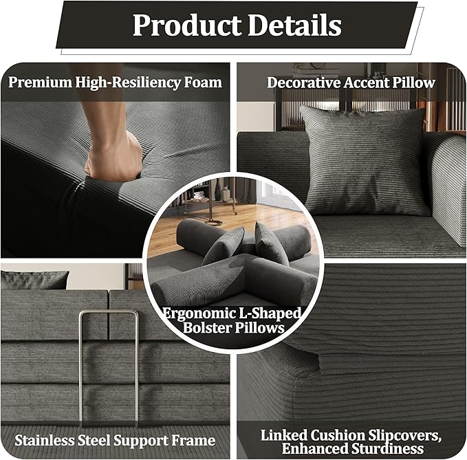 53.15'' Convertible Compressed Corduroy Folding Cloud Sofa Bed, Modern Boneless Pull Out Loveseat Sleeper in a Box, 4 in 1 Floor Mattress Futon Cloud Couch, No Assembly Needed, Grey, 2 Pillows, Full