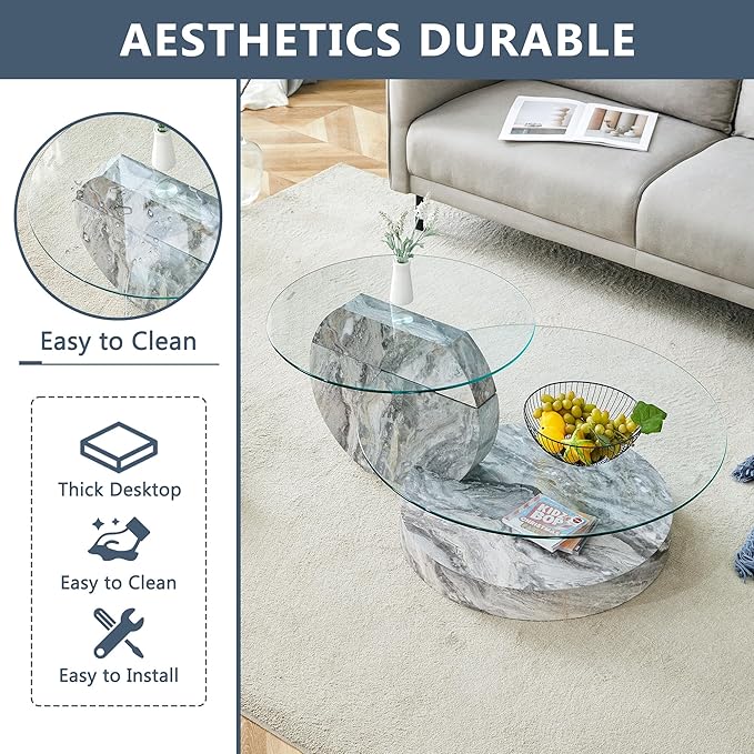 42" Glass Coffee Table, Round Coffee Table, 2-Tier Tempered Glass Tabletop with Grey Faux Marble Base, Modern Center Table for Living Room, Home, Apartment, Ideal for Small Space