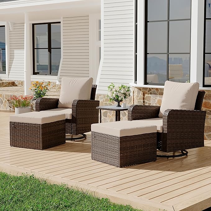 HOMREST 5 Piece Outdoor Patio Furniture Set-360 Wicker Swivel Chairs Set of 2 w/ 2 Ottoman, Coffee Table & Cushions Patio Bistro Set for Garden, Balcony (Khaki)