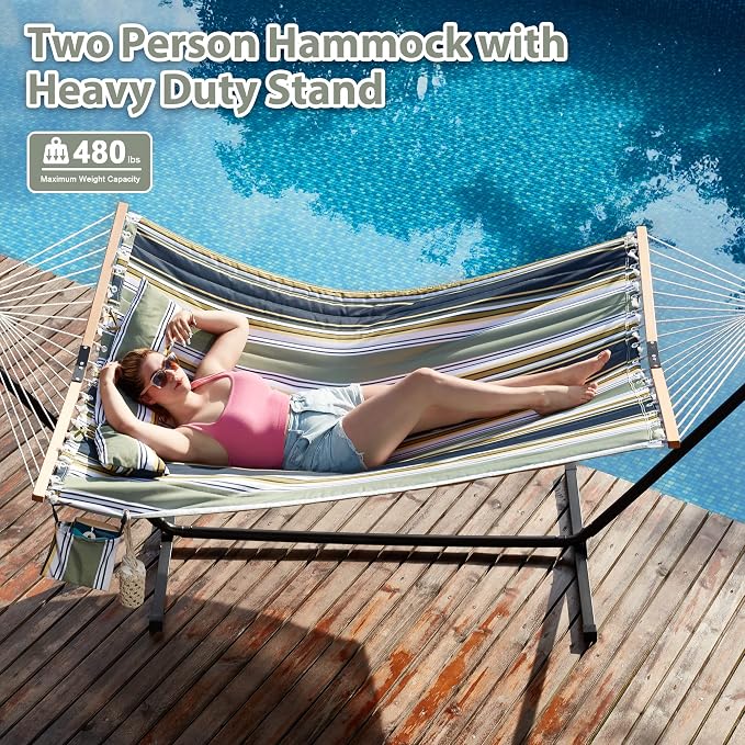 Homgava Two Person Hammock with Stand for Outside Heavy Duty, Outdoor Patio Hammock with Portable Steel Stand, Large Double Hammocks,480lbs Capacity.(Grey Stripes) - Image 2