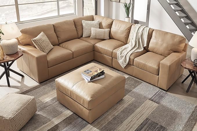 Signature Design by Ashley Bandon Contemporary Leather Match Upholstered Oversized Accent Ottoman, Light Brown