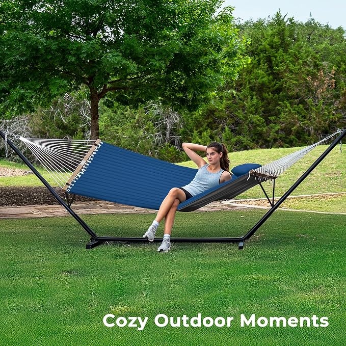SUPERJARE Hammock with Stand, 2 Person Quilted Outdoor Hammock, Detachable Pillow & Bamboo Spreaders, Portable Hammock with Carrying Bag, Heavy Duty Stand, Perfect for Outside, Patio, Navy Blue - Image 2