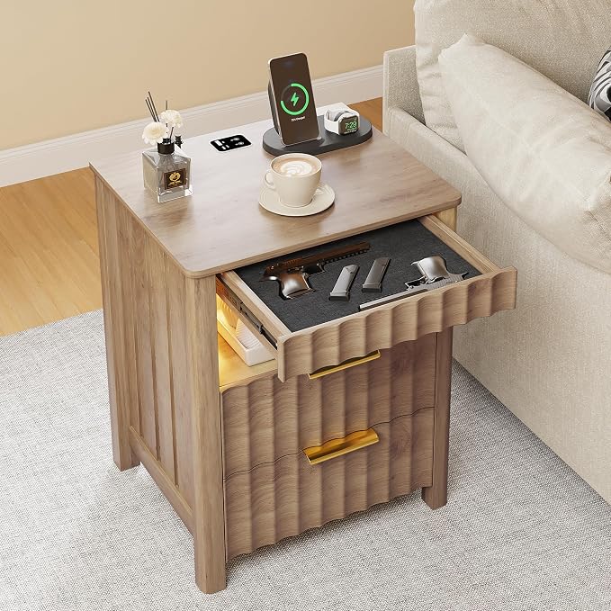 Dystler Fluted Night Stand with LED Light, Nightstand with Charging Station and Gun Drawer, Modern Bedside Table with Human Sensort and Storage Shelf for Bedroom, Wood by CraftYourIdealHomeLife