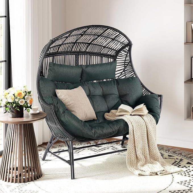 IRONCK Egg Chair Outdoor, Double Wicker Egg Lounge Chair, Upgraded Feet, Handrest and Padded Cushion, 700Lbs, Oversized Loveseat for Backyard, Patio, Living Room, Dark Green - Image 7