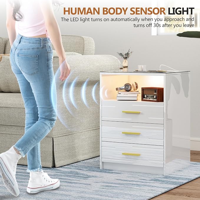 High Gloss LED Nightstand with Charging Station & 3 Color Dimmable Light Modern for Bedroom White, Smart Bedside Table with 3 Drawers & USB Type-C Port for Home - Image 4
