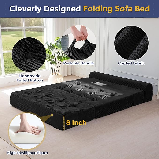 MAXYOYO 8" Folding Sofa Bed, Convertible Sleeper Sofa Lounger Foldable Mattress, Wedge Shape Floor Couch Tufted Fold Out Chair Bed Comfy Floor Couch Lounge for Living Room Bedroom, Loveseat, Black