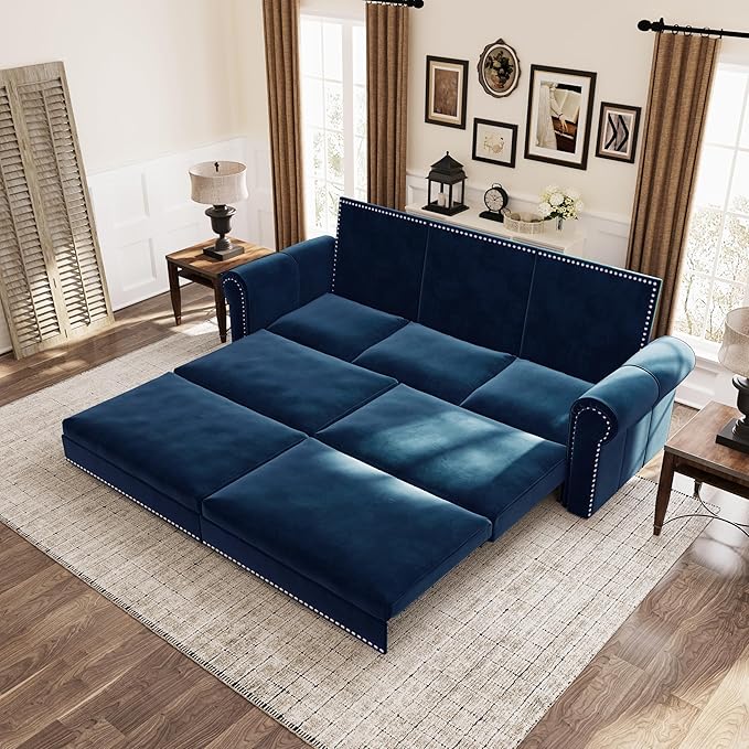 Ball & Cast 3-in-1 Convertible Sofa Bed,93.7" Velvet Pull Out Couch Bed King Size, Loveseat Sleeper Sofa with Nailhead Trim & Rolled Arm,Multi-Functional Sofa Couches for Living Room,Blue