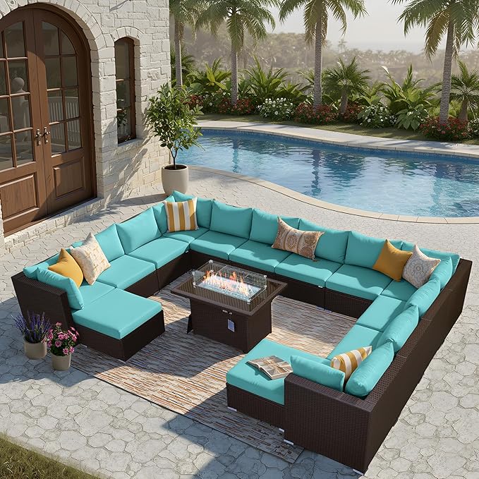 BULEXYARD 15 Piece Highback Wicker Patio Furniture Sets with Firepit, All-Weather Heavy Duty Outdoor Conversation Set Modular, Extra Deep Wide 14-Seats Sectional Couch Sofa for Backyard, Brown & Teal