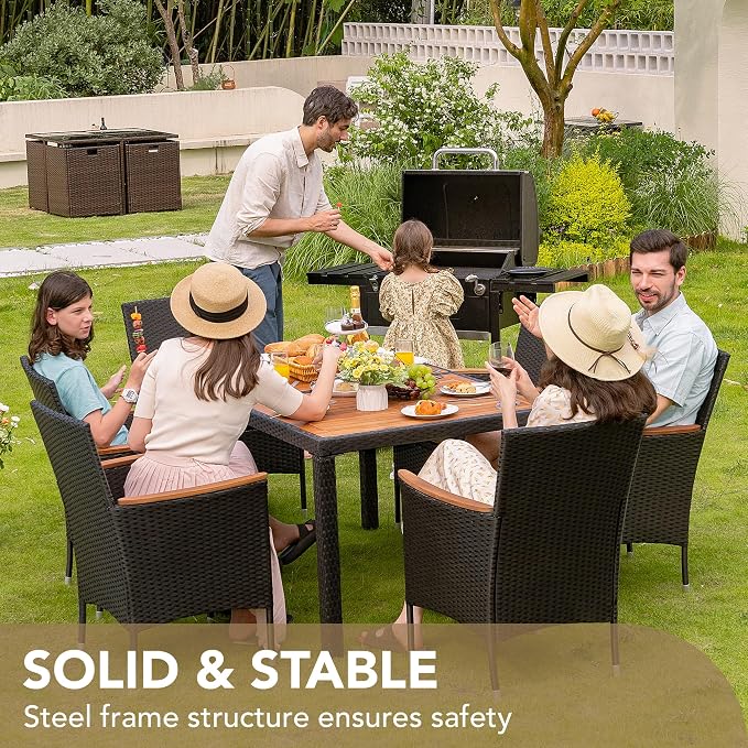 Devoko Dining 7 PCS Furniture, Patio Conversation Set with Acacia Wood Table Top, Outdoor, Beige Cushion and Black Rattan - Image 6