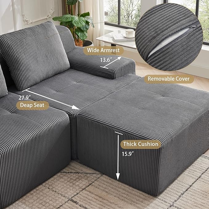 105.8'' Modular Sectional Sofa with Movable Ottoman, 3 Seat Deep Seat Couch with 3 Pillows, Comfy Cloud Sectional Sofa for Living Room, Bedroom (Grey, 1 Left+1 Right+1 Middle+1 Ottoman)
