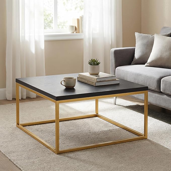 CENSI 30" Square Coffee Table, Black Oak & Gold Living Room Center Table, Modern Industrial Glam Style, Extra Thick 1.2" Wood Top, Sturdy Metal Frame, Luxury Cocktail Table, Easy Assembly