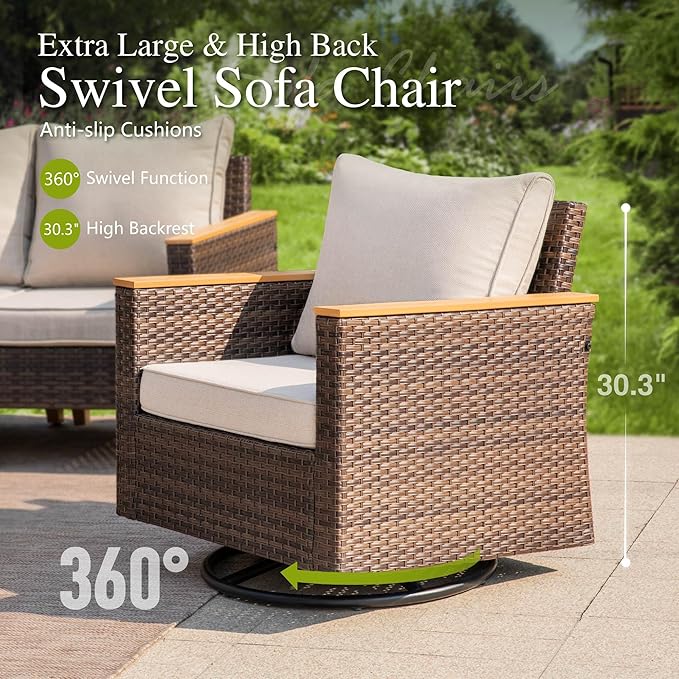 Sophia & William Patio Furniture Set with Swivel Chairs, 9 Piece Outdoor Sectional Furniture Wicker Modular Sofa Couch, Conversation Set for Deck Backyard Lawn, Beige