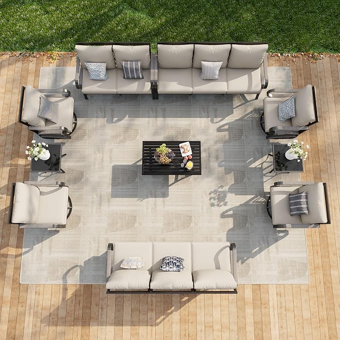 10-Piece Outdoor Patio Conversation Sets, Rope Outdoor Furniture Set Metal 2 Three-Seater Couch, 4 Swivel Rockers with 2 Side Tables, Loveseat Sofa with Coffee Table for Backyard Porch Poolside, Beige