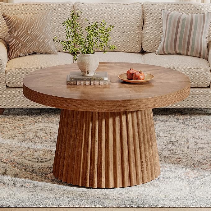 Tribesigns Coffee Table, 31.5" Small Farmhouse Round Coffee Tables with Fluted Drum Base, Mid Century Modern Farmhouse Accent Center Table for Living Room, Apartment, Small Space, Walnut