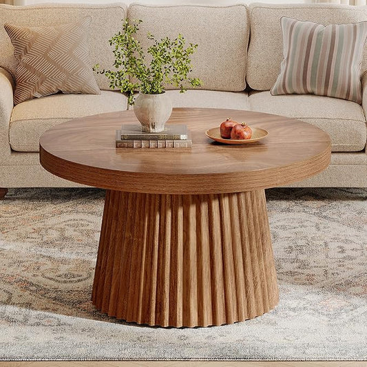 Tribesigns Coffee Table, 31.5" Small Farmhouse Round Coffee Tables with Fluted Drum Base, Mid Century Modern Farmhouse Accent Center Table for Living Room, Apartment, Small Space, Walnut