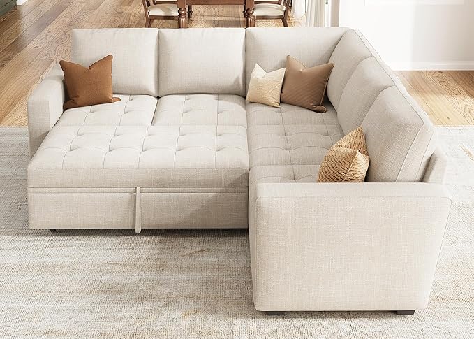 HONBAY Modular Sectional Sleeper Sofa with Pull Out Bed L Shaped Couch with Storage Seat Sectional Couches for Living Room,Beige