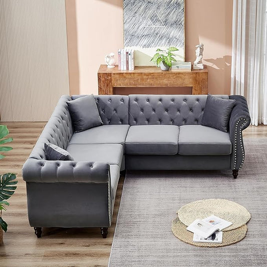 KEIKI 83.5" Chesterfield Corner Sofa, Retro Upholstered L-Shaped Couch with Rolled Arm, 5 Seater Velvet Sofas for Living Room Bedroom Office Apartment, Gray