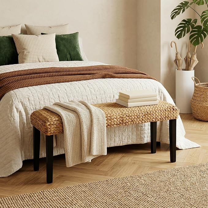 End of Bed Bench for Bedroom, 47" Entryway Bench with Solid Wood Acacia, Water Hyacinth Indoor Bench Seat, Boho Woven Bench for Living Room, Wicker Bench for Hallway or Kitchen, Wood Bench (Black Leg) by AVCONNECT