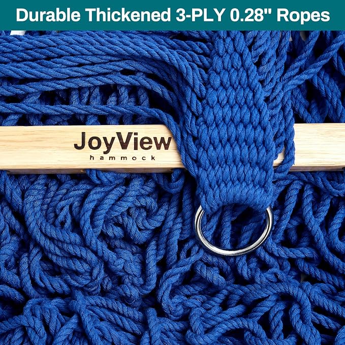 JoyView Traditional Rope Double Hammock - Hand Woven Cotton Hammock with Hardwood Spreader Bar and Pillow 450lb Capacity for Outdoor Indoor Patio Yard - Blue - Image 6