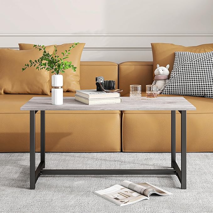 Coffee Table for Living Room, Modern Rectangular Center Coffee Tables for Small Space, Industrial Furniture, Sofa End Tables/Tea Table/Center Table, Couch Table with Metal Black Frame Grey Top