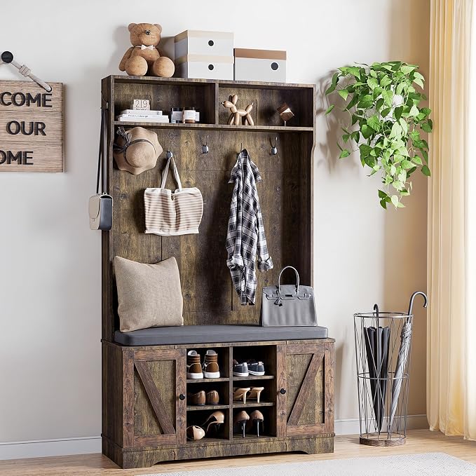 71" Hall Tree with Bench and Shoe Storage, Entryway Hall Tree with 2 Doors and 6 Adjustable Shelves, Cushioned Storage Bench with Coat Rack for Hallway, Living Room, Mudroom by LessSpaceMoreLife