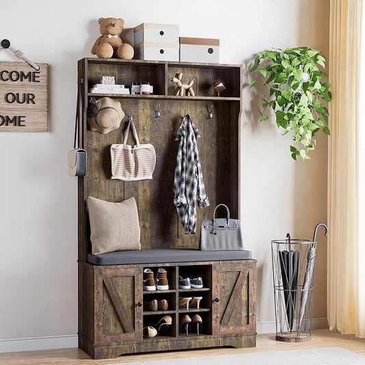 71" Hall Tree with Bench and Shoe Storage, Entryway Hall Tree with 2 Doors and 6 Adjustable Shelves, Cushioned Storage Bench with Coat Rack for Hallway, Living Room, Mudroom by LessSpaceMoreLife