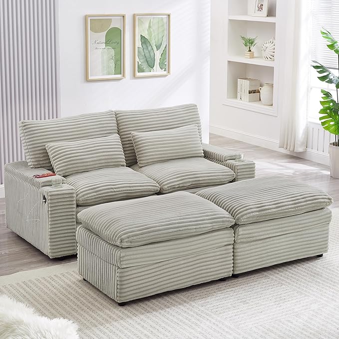 Modular Sectional Sofa Convertible Loveseat Couch,2-Seater Deep Seat Loveseat Sofas Fluffy Corduroy Cloud Couches with Movable Ottoman, Storage Armrest,USB Ports, Cup Holders