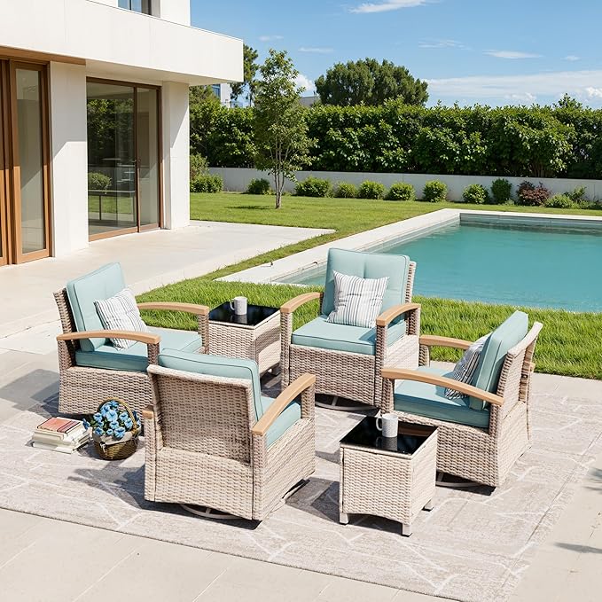 MEISSALIVVE 6 Pieces Patio Furniture Sets, Wicker Patio Conversation Sets with 4 Wood Armrests Swivel Glide Chairs，Outdoor Conversation Set for Deck Yard and Poolside (Blue)