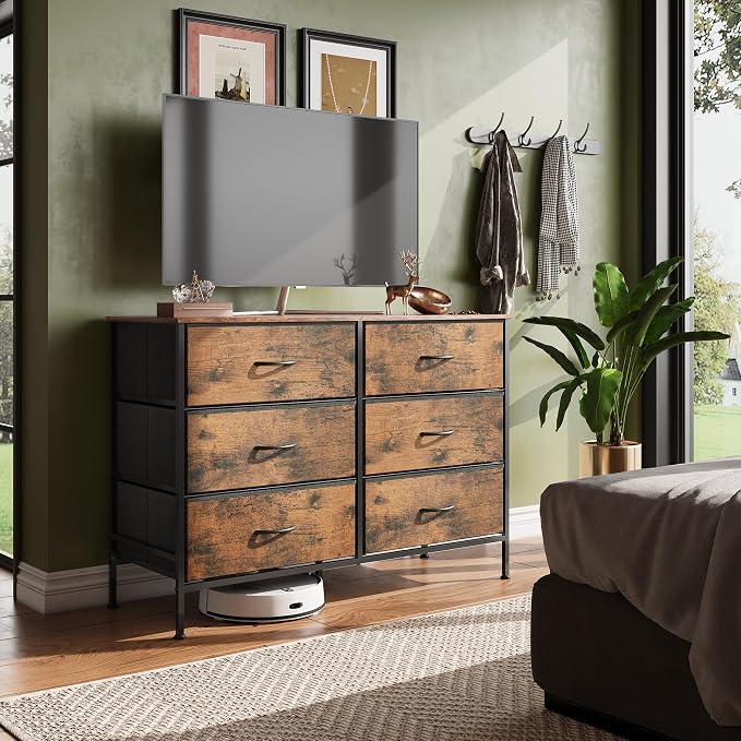 WLIVE Dresser for Bedroom with 6 Drawers, Wide Dresser TV Stand for 50 Inches TV, with Fabric Drawers, Metal Frame, Wooden Top, Storage Dressers for Bedroom, Hallway, Entryway, Rustic Brown - Image 2