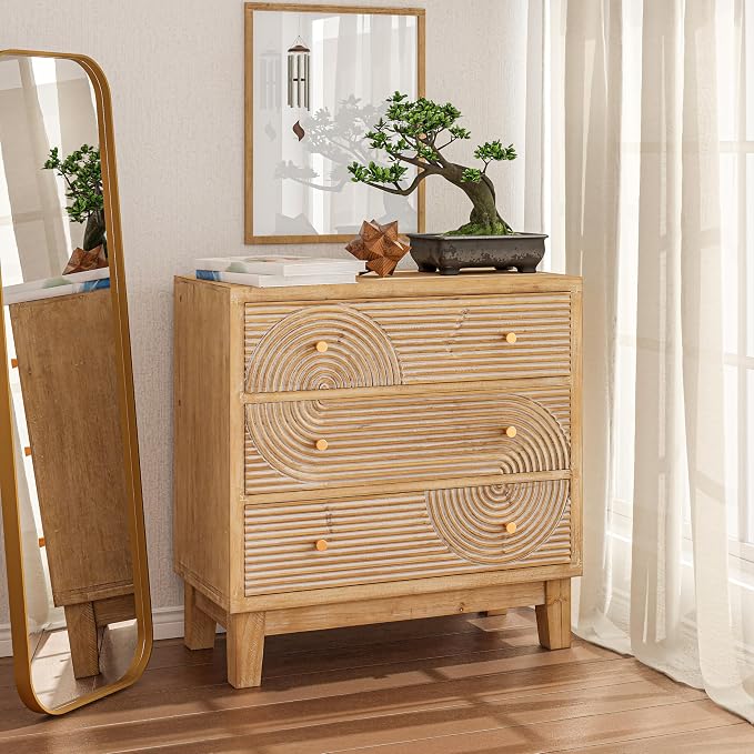 COZAYH 3-Drawer Farmhouse Dresser with Handicraft Wood Ring Motif, Set of 2 Fully Assembled Nightstand Wooden Finish for Boho, Mid-Century, Natural Wood, Rustic - Image 6