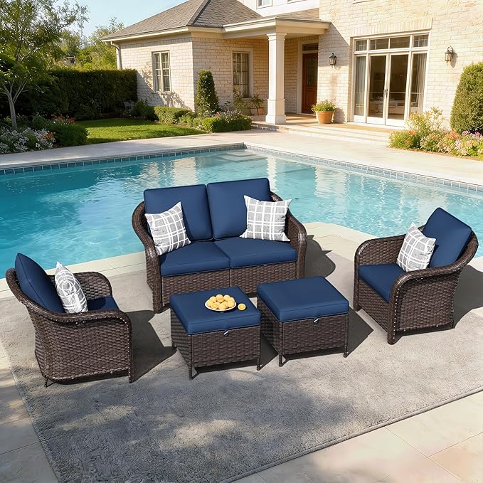 5 PCS Outdoor Conversation Set | 55" Couch, 2 Chairs, 2 Ottomans, Patio Wicker Conversation Furniture with Removable Cushions for Bistro, Deck, Sunroom (Navy Blue)