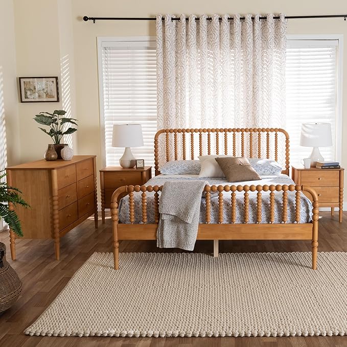 Baxton Studio Lucera Bobbin Wood Bedroom Set, 4-Piece, Queen, Oak Brown
