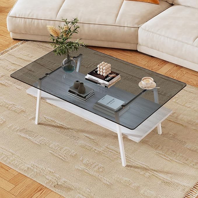 IANIYA Glass Coffee Table for Living Room Small Gold Mid Century Coffee Table for Living Room with Wood Shelves (White Frame, Gray Glass + White Wood)