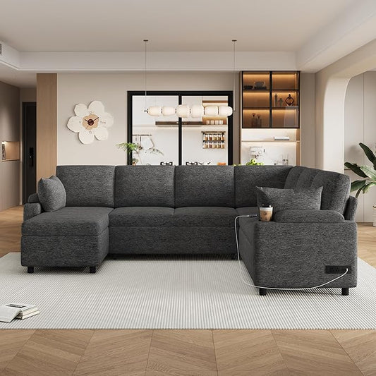 ERYE U Shaped Pull Out Sleeper Sectional Sofa Bed Modern Corner Convertible Sleeper Couch with Left Facing Storage Chaise, Cupholders, Charging Ports and Armrests Storage