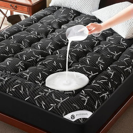 PRIMESOFT 100% Waterproof King Size Mattress Topper, Thick Pillow Top Mattress Pad，Up to 25 Inch Deep Pocket,Soft Breathable Mattress Pad for Back Pain, Protector Cover(Black)