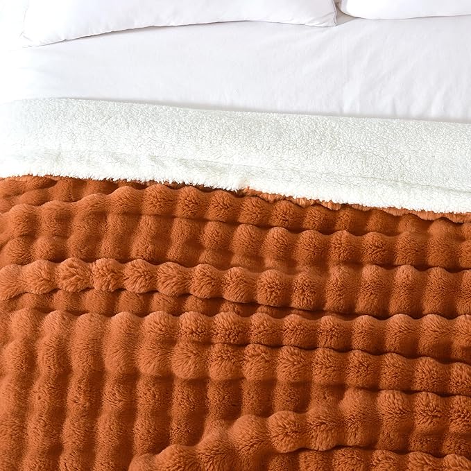 50x60 Inches Ultra-Soft Fuzzy Faux Fur Plush Throw Blanket - Thick, Warm Sherpa for Couch, Sofa, Bedroom, Camping - Decorative Blanket for Cozy Warmth, Bubble Rust