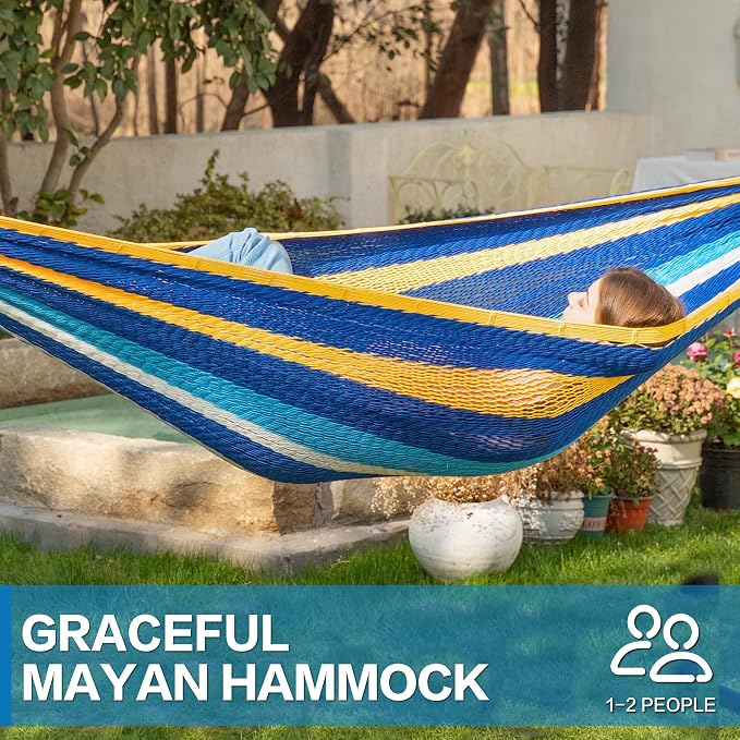 PNAEUT Handwoven Mayan Hammock, Thick Soft Rope Double Hammock for Outdoor Outside & Indoor, 600 lbs Capacity Heavy-Duty, Includes Tree Straps, Carabiners & Carrying Bag (Caribbean Sea, X-Large) - Image 3
