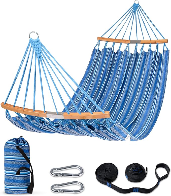 SUNCREAT Hammocks Double Hammock with Curved Spreader Bar, Outdoor Portable Hammock with Carrying Bag & Tree Straps for Bedroom, Patio, Backyard, Balcony, Max 450lbs Capacity, Blue by SUNCREAT
