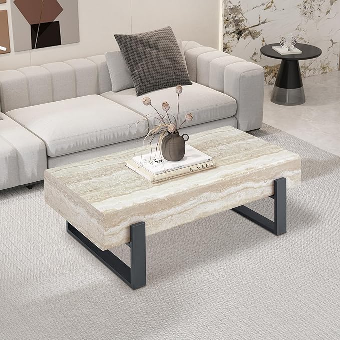 Modern Marble Coffee Table for Living Room Stone Travertine Coffee Tables Rectangle Center Table with Metal Legs