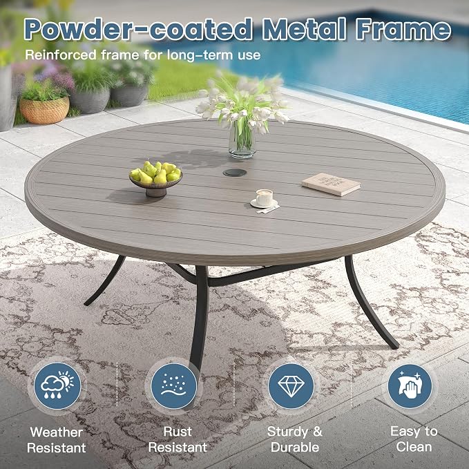 DIFY Patio Dining Set for 10, 11 Piece Outdoor Table and Chairs Set, 63" Grey Wood-Like Round Metal Patio Dining Table and Sandshell Textilene Stackable Patio Chairs, for Backyard Garden Poolside - Image 4
