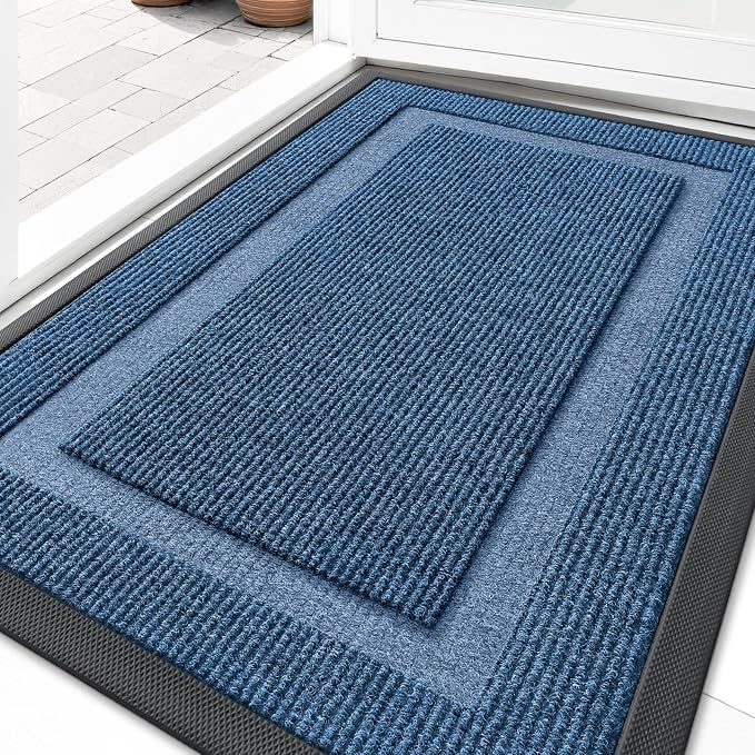 OLANLY Front Door Mat Indoor Outdoor Entrance, Waterproof All-Season, All-Weather Doormat, Sturdy Natural Rubber, Fade Resistant, Low Profile, Easy Clean Patio Porch Entryway Mat, 35x23, Light Blue by OLANLY