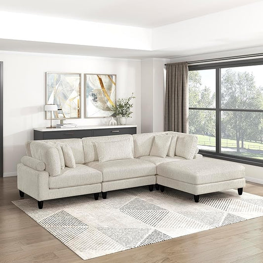 Lexicon 120 Inch Modular Sectional Sofa - Oversized 4 Seater Microfiber L Shaped Sectional Couch with Ottoman, 5 Accent Pillows, and Flexible Arrangement for Modern Living Rooms, Beige