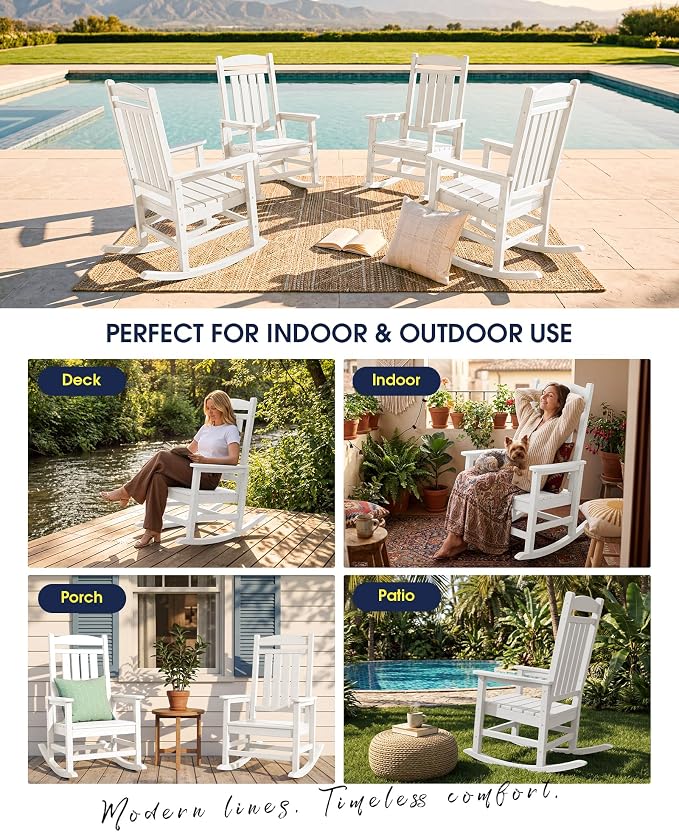 KINGYES Oversized HDPE Patio Rocking Chair Set, Outdoor Rocking Chairs Porch Rocker for Adults, White - Image 8