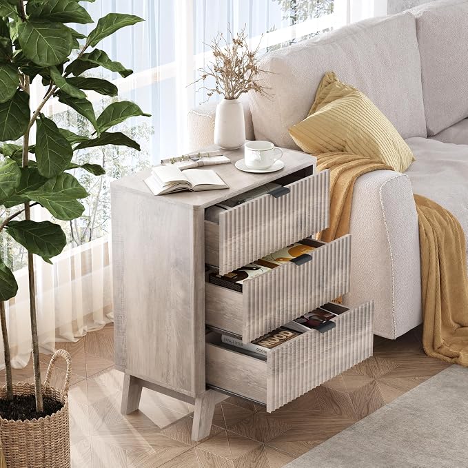 Wodeer Night Stand with 3 Drawers, Mid Century Modern Wood Bedroom Nightstand, Bedside Table & End Table with Metal Handles, Farmhouse Nightstand for Bedroom, Grey - Image 3