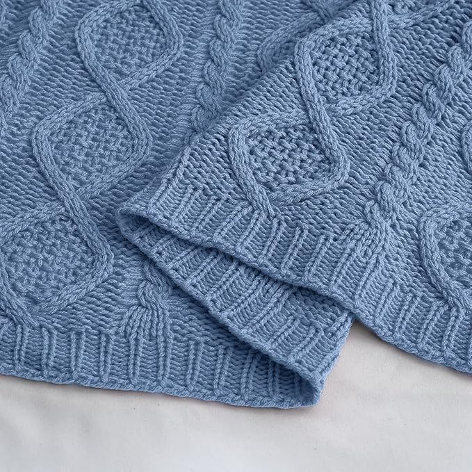 Homiest Dusty Blue Cable Knit Throw, 60 x 80 Inch, Lightweight Acrylic Knitted Blanket with Diamond Texture, Soft & Cozy for Couch, Bed, Sofa