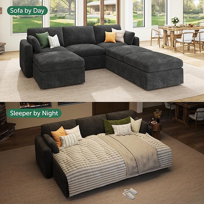 HONBAY Modular Sectional Sleeper Couch, Sectional Sofa with Storage Ottoman, Sleeper Sectional Couches for Living Room, Grey