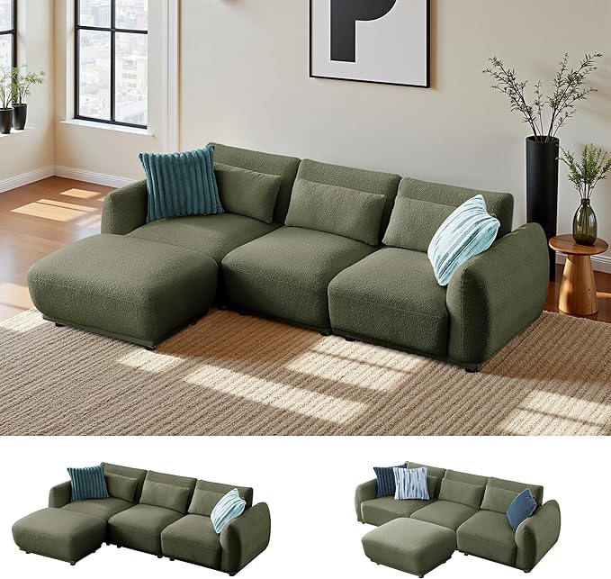 Sectional Sofa Couch, Modern U Shaped Sectional Couch with Ottoman, Modular Sectional Sofa Cloud Couches for Living Room (Green, 3 Set + 1 Ottoman)