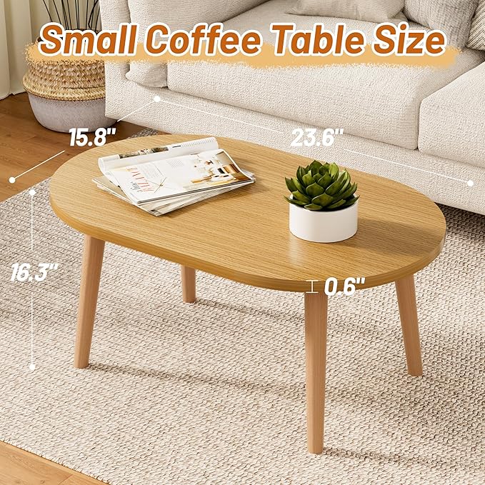 Coffee Table Low Table with Solid Wood Legs, Small Oval Coffee Table Side Table, Floor Table Desk for Sitting on The Floor, Storage and Living Room Furniture for Office Apartment Home, Natural