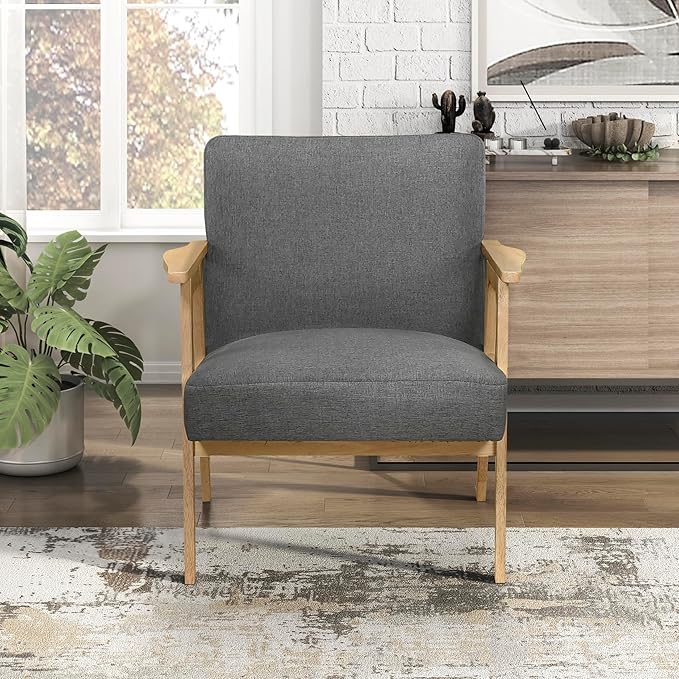 Lexicon Mid Century Modern Accent Chair, Upholstered Lounge Armchair, Single Sofa Seat, Natural Finish Solid Wood Framed Comfy Side Chairs for Living Room/Bedroom/Office/Waiting Area, Dark Gray