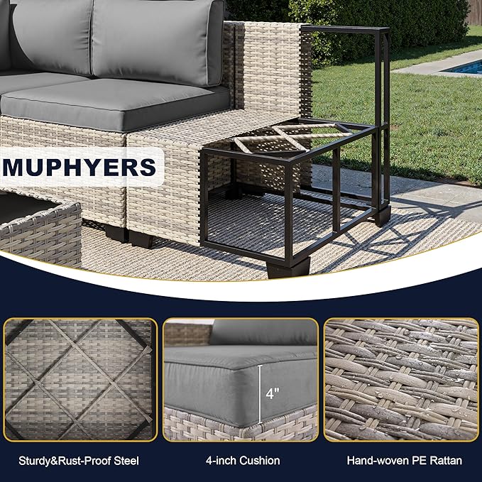 13-Piece Outdoor Patio Furniture Set with Rocking Swivel Chair, Wicker Rattan Sectional Sofa Conversation Set with 55,000 BTU Fire Pit Table with Ottomans, Backyard Furniture, Grey
